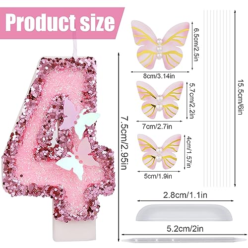 Birthday Number Candles, 2.95 Inch Glitter Number Candles with Butterfly Plugin Pink Number Candles with Sequins Party Candles for Birthday Anniversary (Number 4)