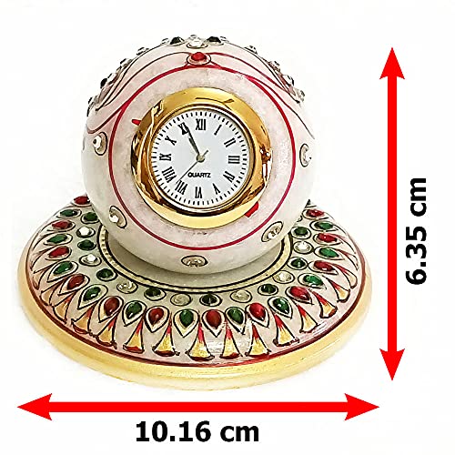 Handicraft Kingdom White Marble Table Clock | Ethnic Design Gold Painted Handmade Round Beautiful Meenakari Work Plate Watch with Ganesh Chowki| Approx Size (4 x 4 Inch) & Wt (600 Gm) Pack of 4