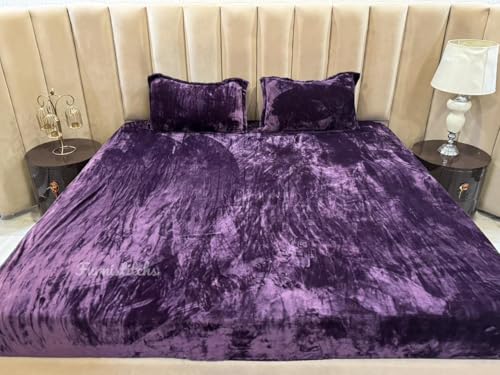 Money Home Decor Velvet Warm Winter Solid Flannel Elastic Fitted Bedsheets for Double Bed King Size 95x105 inches with 2 Pillow Covers | Double Bed Warm Bedsheet with Elastic (Purple)