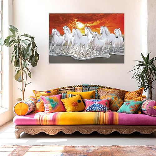 Indianara Rolled Sparkled Vastu Seven Running Horses Art Print for Room Décor Digital Reprint 36 inch x 24 inch Painting (Style 11)