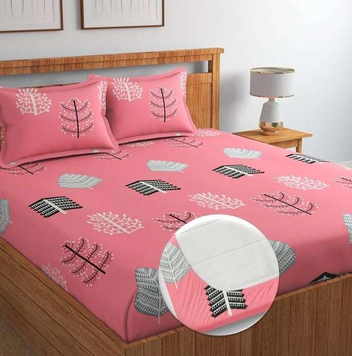 Premium Cotton All Around Elastic Fitted Double Bed Bedsheet (72” x 78”) with 2 Pillow Covers (16" x 26") (BS17 (B) Pink Base)