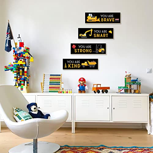 LUHIMO 4 PCS Construction Trucks Theme Room Decor for Boys,Wooden Hanging Wall Pediments for Kids Toddler Boy Playroom Art Inspirational Quotes.