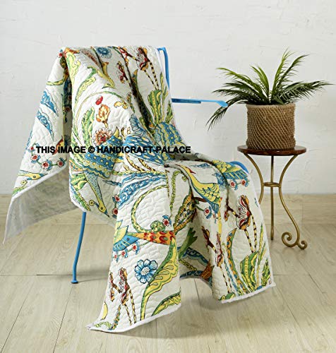 Ravaiyaa - Attitude is everything Bird Printed Machine Quilted Throws Handmade Large Soft Cotton Blanket 70"x50" (White)