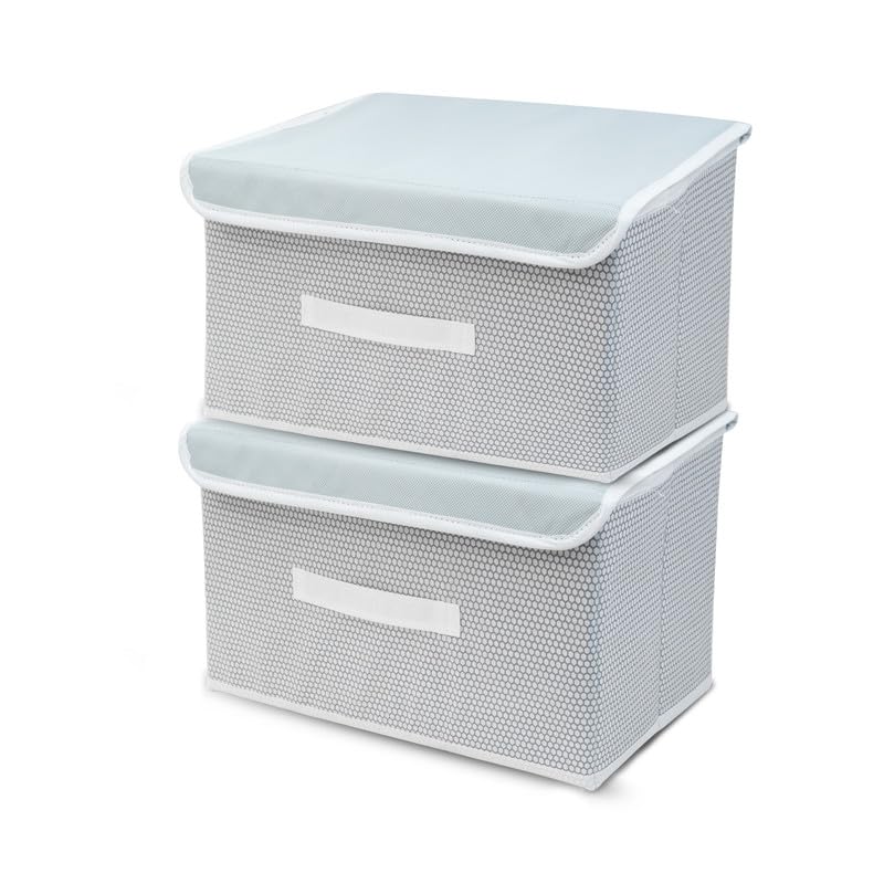 M Teaser Non-Woven Big Storage Box Wardrobe Closet Organizer Foldable Stackable Basket/Bins with Lid and Handle (Grey, Pack of 2)