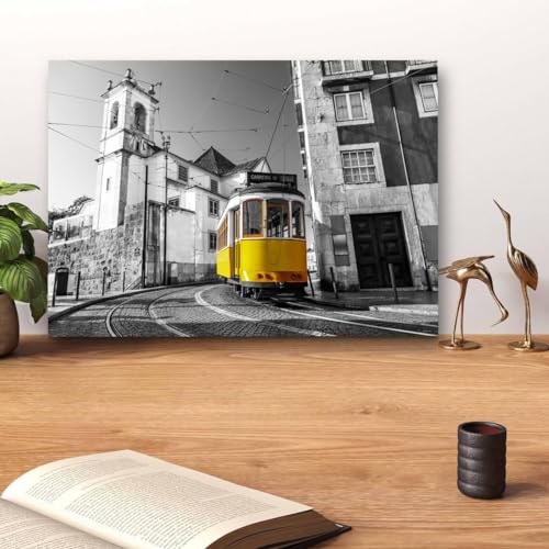 GADGETS WRAP Canvas Gallery Wrap Framed for Home Office Studio Living Room Decoration (14x11inch) - Yellow Tram In City