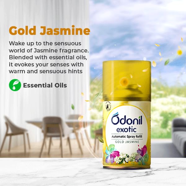 DABUR Odonil Exotic Automatic Spray - 225Ml | Machine + 1 Refill | Gold Jasmine | 2X Long Lasting | 2200 Sprays Guaranteed | Lasts Upto 60 Days