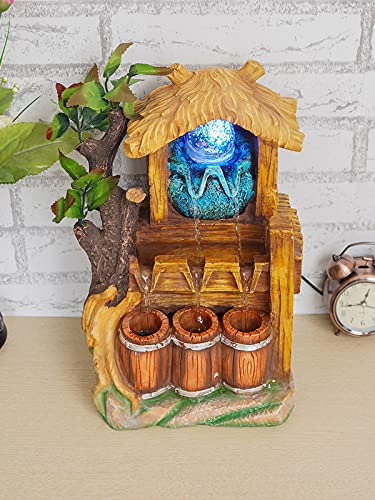 CRAFT SMITH Polyresin Designer Hut Style Table Top Indoor 2 Steps Waterfall Fountain for Living Room Home with LED Lights, Speed Controller Pump & Crystal Ball (Size: 36 x 23 x 18 CM | Colour: Multi)