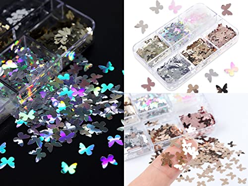 S.A.V.I 6 Grids Holographic Butterfly Nail Art, Charms Sequins Metallic, Shining Flakes Decoration, Fashion Accessories Girls Women