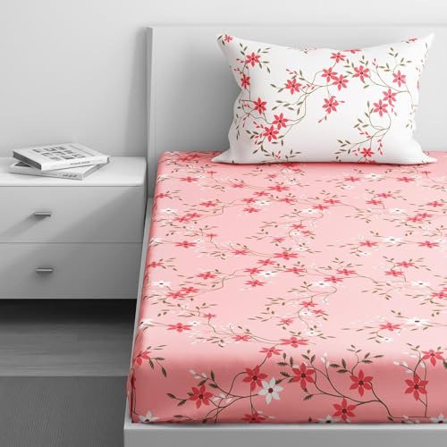 100% Cotton 152 TC Fitted Bedsheet with 1 Pillow Cover | Sakura Single, 72" x 30", Sakura| 1.83m x 76cm