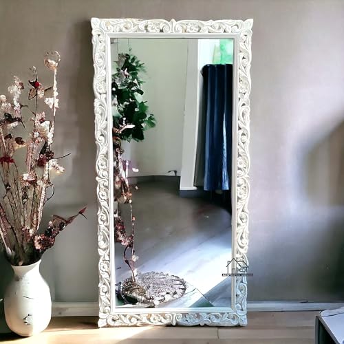 AESTHETIC DECOR 4x2.5 Wooden Carved Wall Mirror Frame Solid Wood, | with Out Mirror | Flower (Deco white,