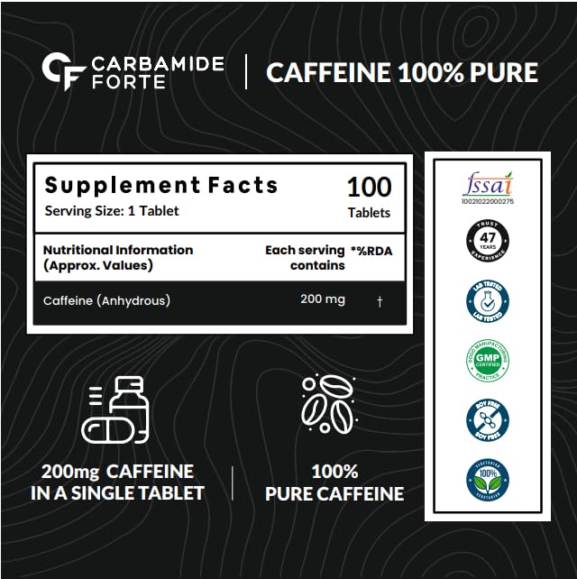 Carbamide Forte Caffeine 200mg Tablets for Men & Women |Pre-Workout Supplement - 100 Veg Tablets