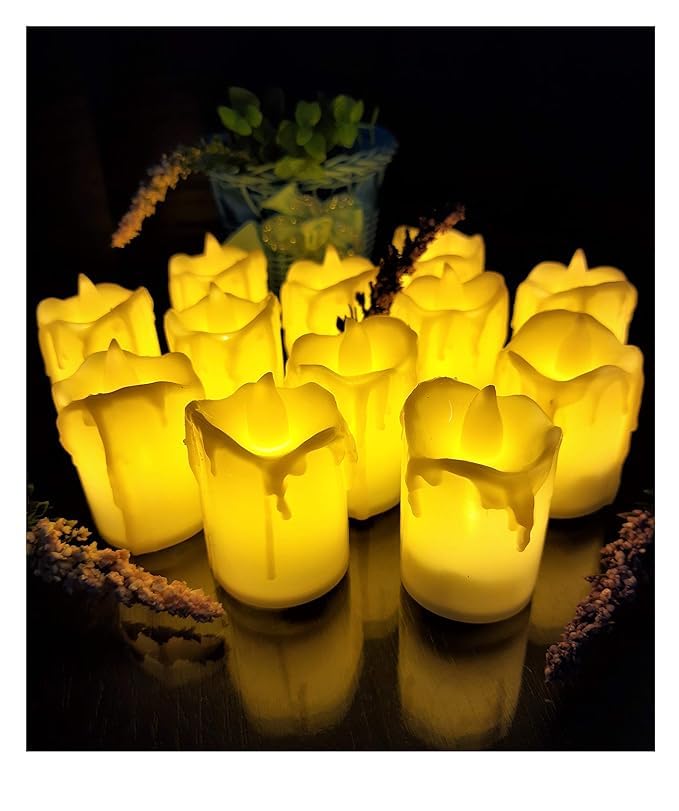 Veecraft LED Candles, Smokeless/Flameless Tealight Candles, Battery Operated for Home Decoration, Diwali, Christmas, Anniversary, Birthday (Yellow, Melting Flame, Pack of 24)