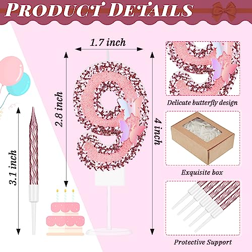 2.75" Large Pink Glitter Happy Birthday Candles Girls Number Candles for Birthday Cakes Sequin Numeral Princess Candle Number Birthday Cake Topper with 10 Long Thin Cupcake Candle for Party (Number 9)