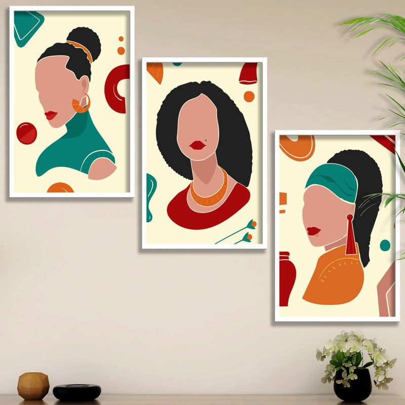 SAF paintings Set of 3 Abstract ladies Boho modern art design Premium white Framed Bohemian wall painting for for Wall, Home and Living Room Decoration 80 cms x 34.29 cms COMBO-2084-K3