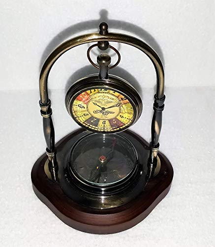 Castle Instruments Beautiful Antique Style Multicolour Brass Table Clock with Magnetic Compass with Wooden Base