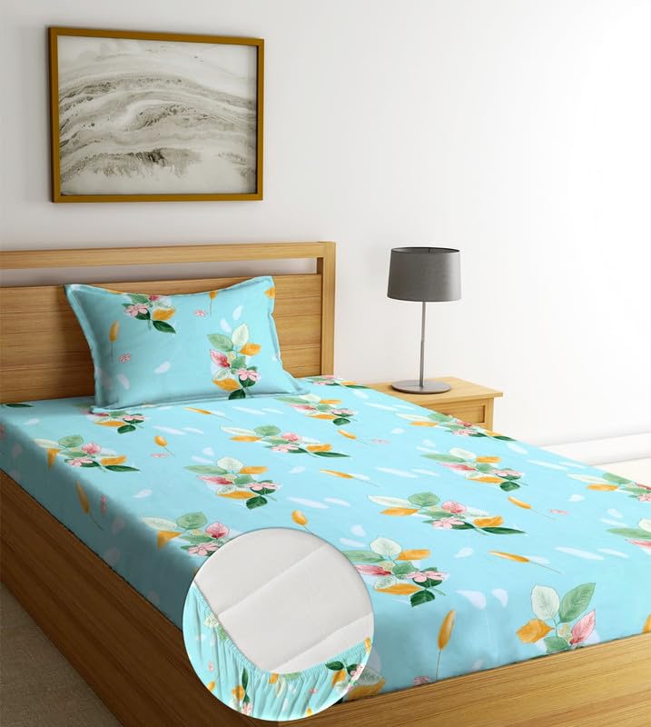 NHD HOME Pure Cotton Elastic Fitted Bedsheets with 1 King Size Pillow Covers | Single Mattress Bed with All Around Elastic 200 TC Supersoft | Size - 72 x 36 +6 inches |Floral, Aqua & Green