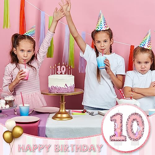 2.75" Large Pink Glitter Happy Birthday Candles Girls Number Candles for Birthday Cakes Sequin Numeral Princess Candle Number Birthday Cake Topper with 10 Long Thin Cupcake Candle for Party (Number 0)