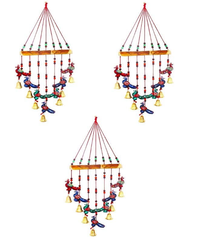 Aarushi� Rajasthani Wood Based Hand Made Wind Chime Peacock with Bells for Home|Office|Garden|Decoration Door|Wall Hanging -Set of 3