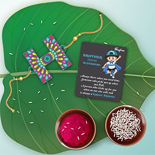 Bhai Please Alphabet H Rakhi with Brother is Superhero Fridge Magnet (Gift Combo for Brother / Bhai / Bhaiya) | Set of 1 pc Rakhi with Roli- Chawal and Fridge Magnet | With Raksha Bandhan Greetings