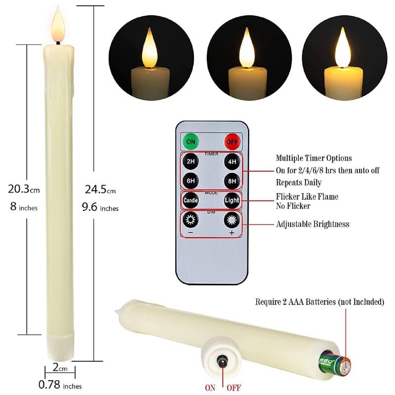 Ansawi Flameless Ivory Taper Candles Flickering with 10-Key Remote, Battery Operated Led Warm 3D Wick Light Window Candles Real Wax Pack of 6, Christmas Home Wedding Decor(0.78 X 9.64 Inch)