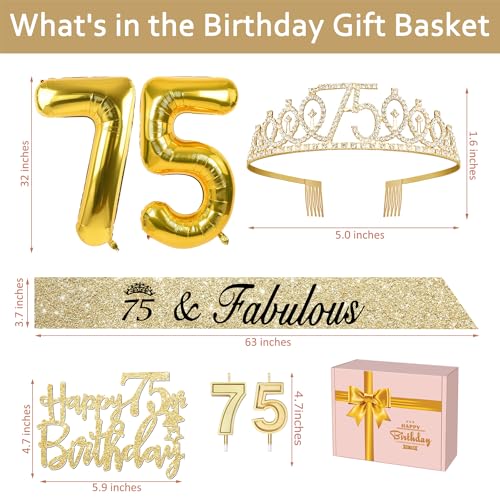 75th Birthday Decorations Women with 75th Birthday Sash and Tiara, Happy 75th Birthday Cake Toppers, Number 75 Candles, Gold 75 Birthday Balloons,75th Birthday Party Gifts for Women (Gold)