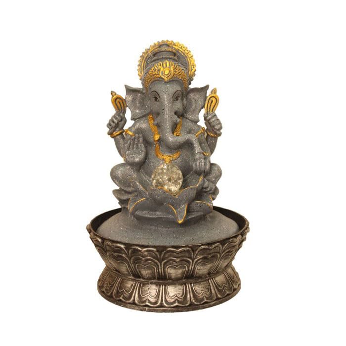 Art N Hub Lord Ganesha Tabletop Waterfall Fountain Decorative Gift Items for Home and Office with Crystall Ball LED Light | Home Inauguration Gift Items (27 x 27 x 40 CM | Dotted Grey Golden)