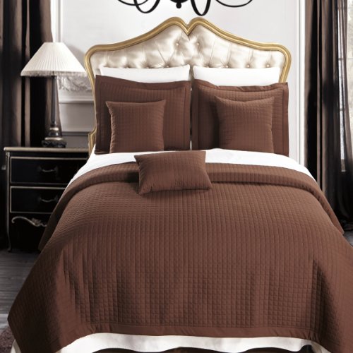 Queen size Chocolate Coverlet 3pc set, Luxury Microfiber Checkered Quilted by Royal Hotel