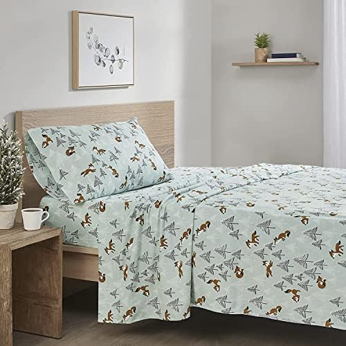 Comfort Spaces Cotton Flannel Breathable Warm Deep Pocket Sheets with Pillow Case Bedding, Full, Seafoam Foxes 6 Piece