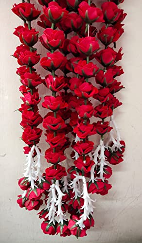 3A Featuretail Artificial Red Roses Garland String, Red Velvet Rose Ladi, Garlands for Decoration Festival, Pongal, Diwali, Marriages, Mandir & Home/Office (5Ft Length 4pc Set, Fabric Red Roses Ladi)