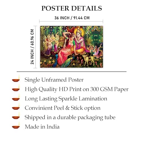 Indianara Rolled Sparkled Lord Radha Krishna Art Print for Room Décor Digital Reprint 36 inch x 24 inch Painting (10641PST)