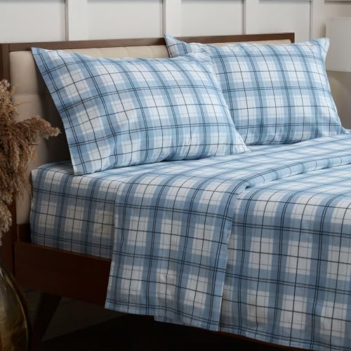 Mellanni California King Flannel Sheet Set - 4 pc Printed Luxury 100% Cotton - Lightweight Bed Sheets - Cozy, Soft, Warm, Breathable Bedding - Deep Pockets (Cal King, Light Blue Plaid)