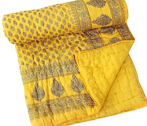 AQRATE Single Bed Organic Cotton Jaipuri Razai Bed Blanket Ac Quilt for Winter Soft Light Weight Rajasthani Traditional Rajai Cotton (Yellow Gold Butti, Single Bed)