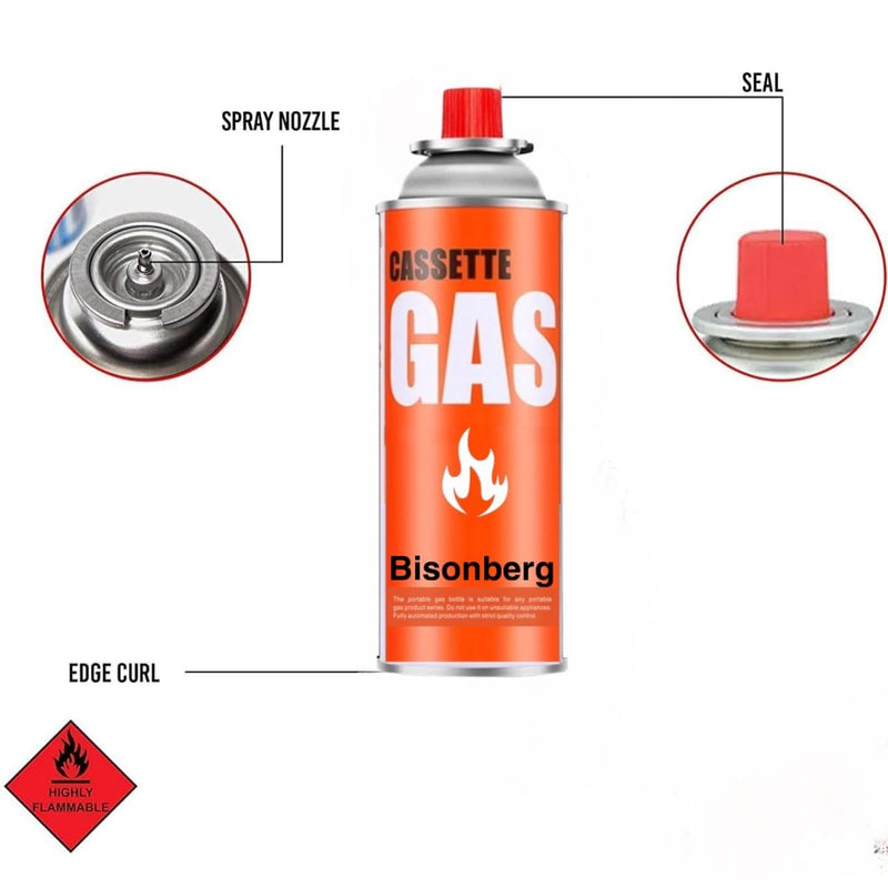 BisonBerg Metal Butane Gas Canister Re-Filler Perfect Suitable for Camping Stove, to Refill Flame Lighters. Small Stove, Flame Torch, Welding Fuel Gas, 225G