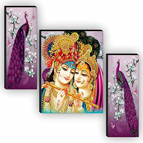 SAF Religious Radhe Krishna UV Textured Painting& SAF Radha Krishna with Couple Peacock UV Textured Home Decorative Self Adeshive Painting SANFJM31082 (18 Inch X 12 Inch, Set of 3)