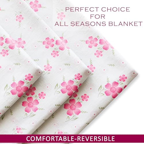 Fun Homes Blanket | Comforter Single Bed | Reversible AC Comforter | Cotton Single Dohar | Lightweight Dohar for Summer | All-Season Bed Blanket | Pink Circle Flower-Design | White