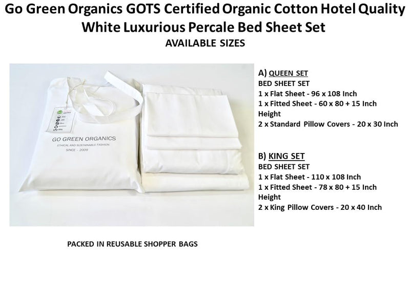 GO GREEN ORGANICS Organic Cotton Crisp Percale Bed Sheet Set - Luxury Hotel Quality - GOTS Certified - White - Deep Pocket - Easy Care - King