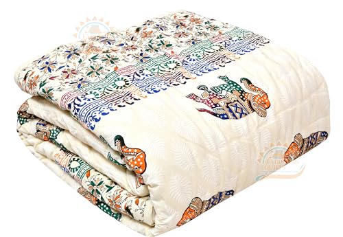 LOARSHY Pure Cotton Elephant Traditional Rajasthani Hand Block Printed Jaipuri Quilt/Razai/Rajai [Light Weight, Multicolor, Single Bed - 60x 90 Inches]