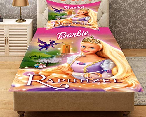 Trendz Decor Kaprido 180 TC Velvet 3D Printed Barbie Single Bedsheet with 1 Pillow Covers (Golden)