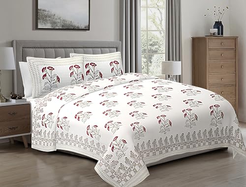 Vaansh Finest Pure Cotton Hand Block Print Double Bed Double Bed Bedsheet with 2 Pillow Covers (Pink)