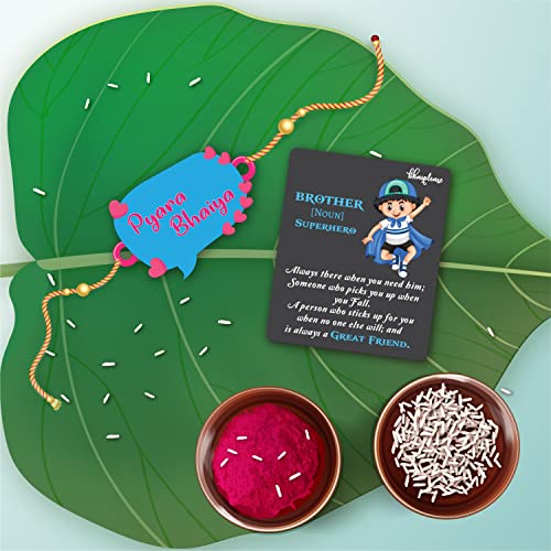 Bhai Please Pyara Bhai Wooden Rakhi with Brother is Superhero Fridge Magnet (Gift Combo for Bhai / Bhaiya) | Set of 1 pc Rakhi with Roli- Chawal and Fridge Magnet | With Raksha Bandhan Greetings