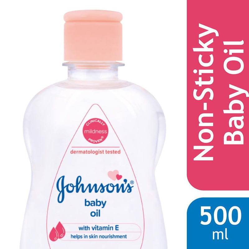 Johnson's Non-Sticky Baby Oil with Vitamin E for Easy Spread and Massage (Clear, 500ml)