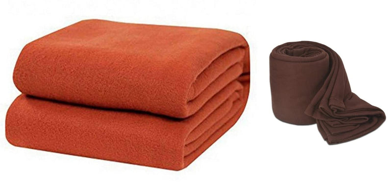 Wavva® Plain and Printed Fleece 2 Single Bed Blankets-Orange,Brown (Set of 2)