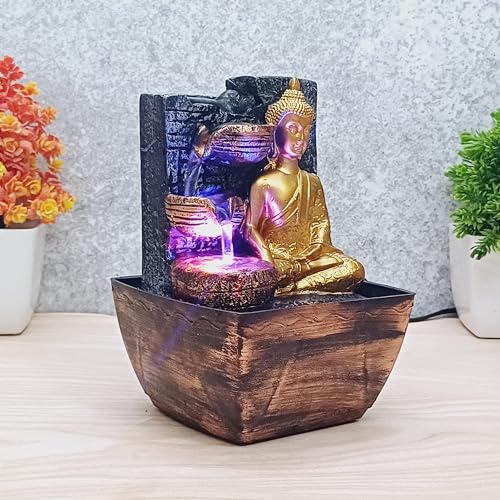 SPLICE Resin Lord Buddha Tabletop Waterfall Fountain with LED Light - for Home Decor Accent