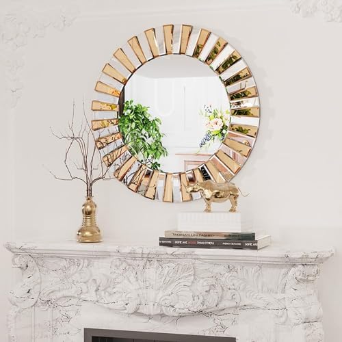 VENETIAN IMAGE Round Rose Gold and Silver Hanging Mirror, Modern Artistic Look, Premium Glass, Sunburst Pattern, Hallway Entrance, Home Decor (3D, 80cm Round)