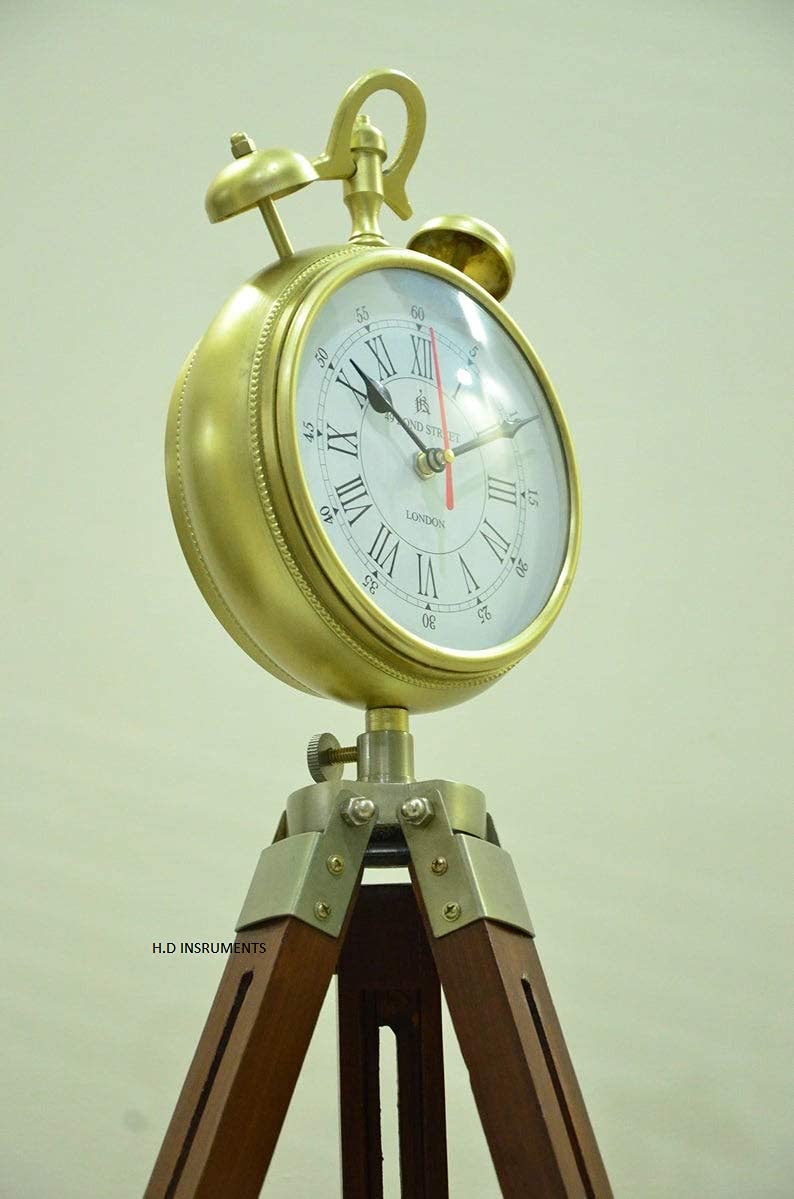 Decor Instruments Two Bell Handmade Designer Wood and Metal Clock with Adjustable Wooden Tripod Home and Office Decor