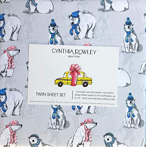 Cynthia Rowley 3 Piece Twin Size Bed Sheet Set Extra Deep Pockets Polar Bears in Red and Blue Scarves and Hats on Light Gray