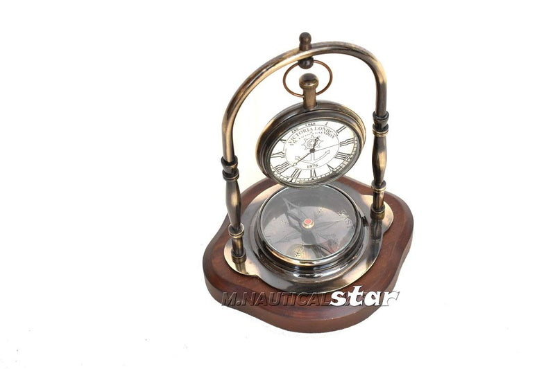 Brass Antique Desk Clock with Compass Working with Wooden Base Home Decor