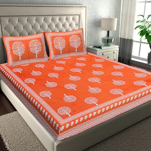 JAIPUR PRINTS Cotton Blend Traditional Jaipuri Printed Double Bedsheet for Double Bed King Size with 2 Pillow Covers - Orange