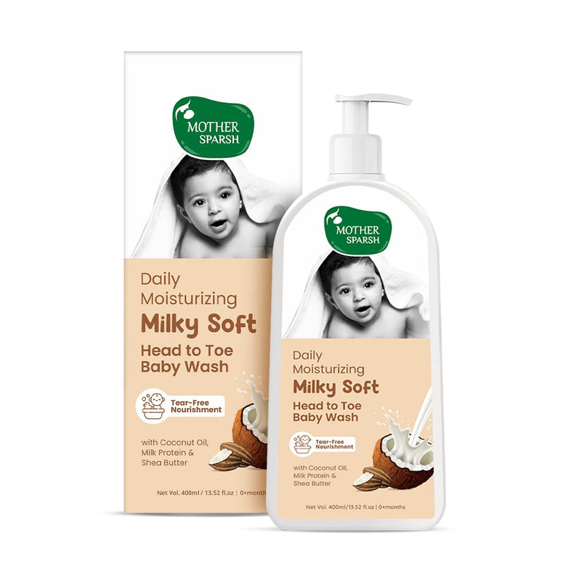 Mother Sparsh Milky Soft Head to Toe Baby Wash-400ml with Milk Protein & Shea Butter | Tear Free 2 in 1 Natural Baby Body Wash