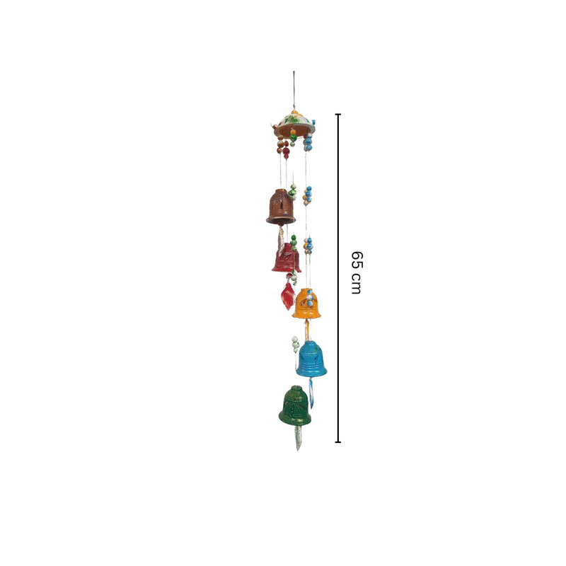 Terracotta Natural Colour Wind Chain Hanging Bell of (Five Bell) with Great Melodious Sound 65 CM Long. Home Decor | Home Decorative | Outdoor| Garden Bell